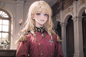 Oxyia, 1girl, solo, ((Blonde hair)), (bangs), wavy long hair, blue eyes, smile, ((small chest:1.3)), ((slim figure:1.2)), wearing a (pink military uniform), long sleeve, by Raphael, masterpiece, upper body shot, magnificent indoor hall