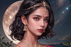 RWA photo, best quality, masterpiece, 8K resolution, ((solo:1.3)), ((1girl)), Indian beautiful teen girl, exquisite facial features, mole under eye, wearing luxurious saree, adorned with elaborate golden earrings and headpiece, ((black short hair)), ((wavy hair)), ((dark skin)), black eyes, serious expression, close up portrait, perfect figure, cinematic lighting, in starlit night with big moon