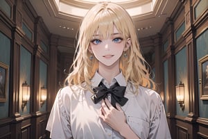 1 woman, ((mature)), solo, ((Blonde hair)), (bangs), wavy hair, blue eyes, ((small chest:1)), seductive smile, Golden earing, wearing a (School Uniform), by Raphael, masterpiece, upper body shot, magnificent indoor hall