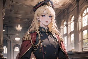 Oxyia, 1 mature woman, solo, ((Blonde hair)), (bangs), wavy long hair, blue eyes, ((small chest:1.2)), wearing a (red military uniform), long sleeve, by Raphael, masterpiece, upper body shot, magnificent indoor hall