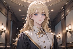 1girl, solo, ((Blonde hair)), (bangs), wavy hair, blue eyes, ((small chest:1.3)), seductive smile, Golden earing, wearing a (Red Victorian School Uniform), by Raphael, masterpiece, upper body shot, magnificent indoor hall