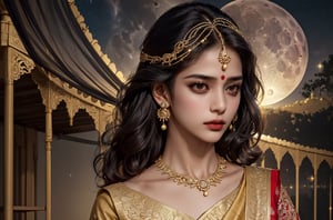 RWA photo, best quality, masterpiece, 8K resolution, ((solo:1.3)), ((1girl)), Indian beautiful teen girl, exquisite facial features, wearing luxurious saree, adorned with elaborate golden earrings and headpiece, ((black short hair)), ((wavy hair)), ((dark skin)), black eyes, serious expression, close up portrait, perfect figure, cinematic lighting, in starlit night with big moon