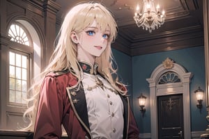 Oxyia, 1girl, solo, ((Blonde hair)), (bangs), wavy long hair, blue eyes, smile, ((small chest:1.3)), ((slim figure:1.2)), wearing a (pink military uniform), long sleeve, by Raphael, masterpiece, upper body shot, magnificent indoor hall