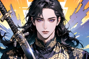 (Absurdres, Intricate Details, Masterpiece, Best Quality, High Resolution, 8k), (1man), (male:1.2), mature face, (mature boy:1.2), serious, ((holding sword)), finely detailed eyes and face, lean body, (black long straight hair:1.2), (purple eyes), (((Purple)) Chinese costume), (focus on character:1.1), solo, full shot, full body, detailed background, detailed face, thunder, Chinese style