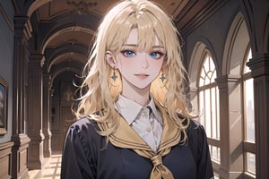 1 woman, ((mature)), solo, ((Blonde hair)), (bangs), wavy hair, blue eyes, ((small chest:1)), seductive smile, Golden earing, wearing a (School Uniform), by Raphael, masterpiece, upper body shot, magnificent indoor hall