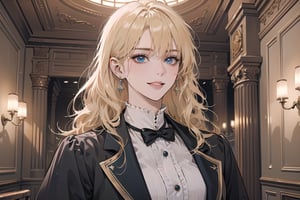 1girl, solo, ((Blonde hair)), (bangs), wavy hair, blue eyes, ((small chest:1.2)), seductive smile, Golden earing, wearing a (Victorian School Uniform), by Raphael, masterpiece, upper body shot, magnificent indoor hall