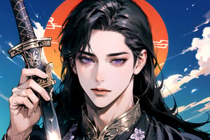 (Absurdres, Intricate Details, Masterpiece, Best Quality, High Resolution, 8k), (1man), (male:1.2), mature face, (mature boy:1.2), serious, ((holding sword)), finely detailed eyes and face, lean body, (black long straight hair:1.2), (purple eyes), (((Purple)) Chinese costume), (focus on character:1.1), solo, full shot, full body, detailed background, detailed face, thunder, Chinese style