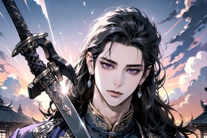 (Absurdres, Intricate Details, Masterpiece, Best Quality, High Resolution, 8k), (1man), (male:1.2), mature face, (mature boy:1.2), serious, ((holding sword)), finely detailed eyes and face, lean body, (black long straight hair:1.2), (purple eyes), (((Purple)) Chinese costume), (focus on character:1.1), solo, full shot, full body, detailed background, detailed face, thunder manipulation, dynamic shadows, ethereal atmosphere, Depth of Field, spellcaster, Chinese style, (((Ascension))), Mysterious clouds, thunderstorm