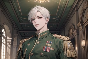 Ydor, 1boy, ((solo focus)), ((white short hair)), (Left side-parting bangs), green eyes, handsome, angular jaw, thick neck, ((Olive)) ((military uniform:1.3)), by Raphael, masterpiece, upper body shot, magnificent indoor hall