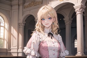 1girl, solo, ((Blonde hair)), (bangs), wavy hair, blue eyes, ((small chest:1.3)), seductive smile, Golden earing, wearing a ((Pink)) (Victorian dress), by Raphael, masterpiece, upper body shot, magnificent indoor hall