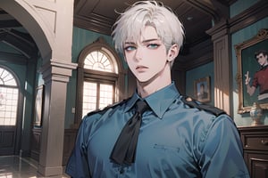 Ydor, 1boy, ((solo focus)), ((white short hair)), (Left side-parting bangs), green eyes, handsome, mature, angular jaw, thick neck, ((CadetBlue)) ((shirt:1.3)), short sleeve, by Raphael, masterpiece, upper body shot, magnificent indoor hall