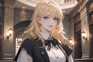 1girl, solo, ((Blonde hair)), (bangs), wavy hair, blue eyes, ((small breasts:1.2)), seductive smile, Golden earing, wearing a (Red Victorian School Uniform), by Raphael, masterpiece, upper body shot, magnificent indoor hall