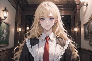 1girl, solo, ((Blonde hair)), (bangs), wavy long hair, blue eyes, ((small chest:1.3)), smile, earing, wearing a ((Red tie)) (Victorian School Uniform), by Raphael, masterpiece, upper body shot, magnificent indoor hall