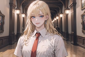 1girl, solo, ((Blonde hair)), (bangs), wavy long hair, blue eyes, ((small chest:1.2)), smirk, earing, wearing a ((Red tie)) (School Uniform), short sleeve, by Raphael, masterpiece, upper body shot, magnificent indoor hall