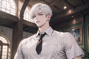 Ydor, 1boy, ((solo focus)), ((white short hair)), (Left side-parting bangs), green eyes, handsome, mature, angular jaw, thick neck, ((white)) ((shirt:1.3)), short sleeve, tie, by Raphael, masterpiece, upper body shot, magnificent indoor hall