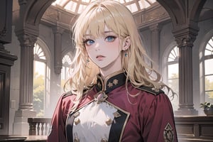 Oxyia, 1girl, solo, ((Blonde hair)), (bangs), wavy long hair, blue eyes, ((small chest:1.3)), ((slim figure:1.2)), wearing a (pink military uniform), long sleeve, by Raphael, masterpiece, upper body shot, magnificent indoor hall