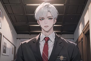 Ydor, 1boy, ((solo focus)), ((white short hair)), (Left side-parting bangs), green eyes, handsome, angular jaw, thick neck, ((School uniform:1.3)), Red tie, short sleeve, shirt, by Raphael, masterpiece, upper body shot, magnificent indoor hall