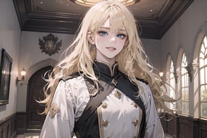 Oxyia, 1girl, solo, ((Blonde hair)), (bangs), wavy long hair, blue eyes, smirk, ((small chest:1.3)), slim figure, wearing a (white military tunic), long sleeve, by Raphael, masterpiece, upper body shot, magnificent indoor hall