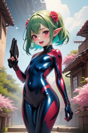 1girl, entire body image, The girl is posing sexy in a sakura night park, wearing a red sequin latex tight swimsuit with red marks, red eyes, black eyeliner around the eyes, black lips,heavy brown messy short hair covering her left eye, flat chested, flat stomach, skinny body, small stature, short stature, lewd smile face with slightly blushing, open mouth, blue & green skin, stormy sky in the background with thunders, multicolored flowers flying for all places, blunt bangs in her forehead, Blue denim pants with red details, holding a TMP giant gun in her left hand, lion foots, wearing blue latex gloves in her hands, pointy ears, loli, high quality, HD, little girl, young, infant body type, baby face,