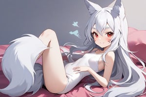 The girl is lying sexy on back in a pink bed, wearing a white tight long dress, red eyes, black eyeliner around the eyes, white long hair, perfect fingers, flat chested, flat stomach, skinny body, posing sexy, small stature, short stature, lewd face, white skin, fox ears, smile with slightly blushing, stormy sky in the background with thunders, High resolution, high quality, masterpiece, shiro, long hair, red eyes, animal ears, tail, animal ear fluff, fox ears, fox tail, facial mark, thick eyebrows, fox girl, entire body image, little body, big head, full body image, the girl is face up, nape up, heels down, stomach up,