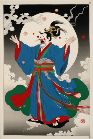 shinto priest, wearing a hyottoko mask, traditional blue priest costume, throwing luminous ghosts into the air, His clothes are decorated with lines of three colors 1 red 2 black 3 green, he carries gold jewelry, black and bloodstained background,
