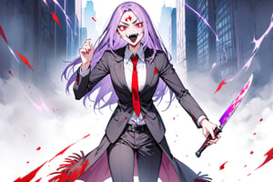 image of entire body of one evil boy, long and straight hair, the boy has a woman face, purple hair with black tips, wearing a black business suit with red tie, black pants, fringe on the forehead that covers all her eyebrows, evil smile, red eyes, black lips, spikes teeth with open mouth, holding in the right hand a bloodstained kitchen knife, a luminous quartz devastated night city in the background, all her body are bloodstained,