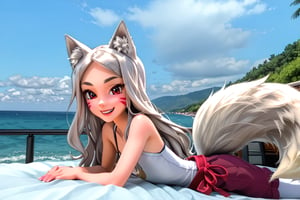 The girl is lying sexy on back in a pink bed, wearing a white tight long dress, red eyes, black eyeliner around the eyes, white long hair, perfect fingers, flat chested, flat stomach, skinny body, posing sexy, small stature, short stature, lewd face, white skin, fox ears, smile with slightly blushing, stormy sky in the background with thunders, High resolution, high quality, masterpiece, shiro, long hair, red eyes, animal ears, tail, animal ear fluff, fox ears, fox tail, facial mark, thick eyebrows, fox girl, entire body image, little body, big head, vnbg, classic_bg, modern_bg, photo_bg, anime_bg, 3d_bg, old_3d, sea, zero pictured, full body image,