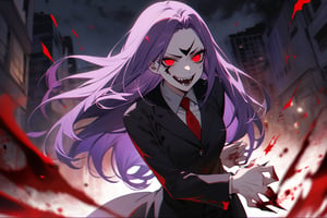 image of entire body of one evil girl, long and straight hair, purple hair with black tips, thin and beautitful face, wearing a black business suit with red tie, black pants, straight bangs in all his forehead, evil smile, red eyes, black lips, spikes teeth with open mouth, holding in the right hand a bloodstained kitchen knife, a luminous quartz devastated night city in the background, all her body are bloodstained,