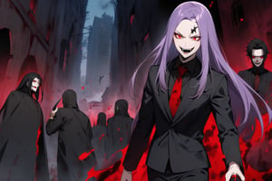 image of entire body of one evil boy, long and straight hair, the boy has a woman face, purple hair with black tips, wearing a black business suit with red tie, black pants, straight bangs in all his forehead, evil smile, red eyes, black lips, spikes teeth with open mouth, holding in the right hand a bloodstained kitchen knife, a luminous quartz devastated night city in the background, all her body are bloodstained,