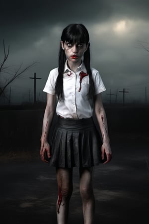 full-length realistic and gothic style image, zombie girl with wounds all over her body, the girl wears a white school shirt, the girl wears a short black school skirt, the girl has black hair, the girl has two ponytails behind from the head, an extra hand comes out of her left elbow, an extra hand comes out of her right elbow, an extra hand comes out of the girl's head, an arm comes out of the girl's back, her left eye is gray, wound gangrenous in the stomach, the girl poses hunched over, the girl has straight bangs on her forehead, her whole body has blood splashes, the background is made of corpses, the sky in the background is foggy and black, macabre ambient,