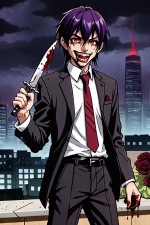 image of entire body of one evil boy, long and straight hair, the boy has a woman face, purple hair with black tips, wearing a black business suit with red tie, black pants, black plate cap in head, straight bangs in all his forehead, evil smile, red eyes, black lips, spikes teeth with open mouth, holding in the right hand a bloodstained kitchen knife, a luminous quartz devastated night city in the background, all her body are bloodstained,