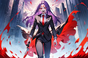 image of entire body of one evil boy, long and straight hair, the boy has a woman face, purple hair with black tips, wearing a black business suit with red tie, black pants, fringe on the forehead that covers all her eyebrows, evil smile, red eyes, black lips, spikes teeth with open mouth, holding in the right hand a bloodstained kitchen knife, a luminous quartz devastated night city in the background, all her body are bloodstained,