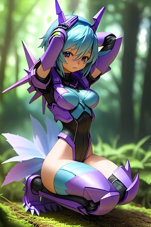 A small, short mecha girl with light blue hair, purple & light blue armor, and a square helmet on her head, posing sexily on her knees in a sakura forest. She holds a chainsaw in both hands, one hand touching her head, with visible robot joints and mechanical articulations. Her flat stomach and skinny body are accentuated, and she wears a black leotard covering her entire body. The armor includes spikes and metal skin, with a mecha style. The scene is set in a science fiction atmosphere with realistic details.