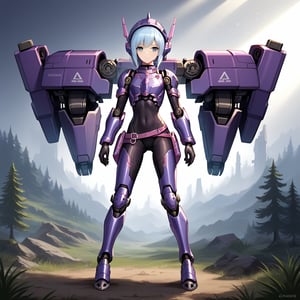 Realistic mecha girl, entire body, skinny with a flat stomach, small stature, posing sexily on her knees, one hand touching her head, pulling her ribs forward. Wearing a black leotard, underwear, full body bodysuit, purple and light blue armor with spikes, square helmet, light blue hair, robot joints and articulations visible. Holding chainsaws in both hands, leather armor, chainmail, metal skin. Background: sakura forest. Science fiction, TR mecha style, mechanical, metal, Gothic. High-quality image, detailed composition, dynamic lighting.