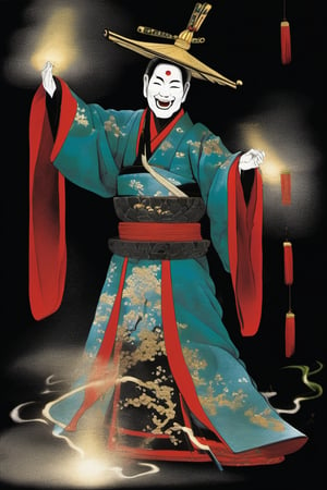 shinto priest, wearing a hyottoko mask, traditional blue priest costume, throwing luminous ghosts into the air, His clothes are decorated with three lines of three colors each one 1 red first line 2 black second line 3 green the third line, he carries gold jewelry, black and bloodstained background,