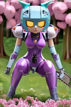 mecha girl, chainsaw both hands,purple & light blue armor, square helmet in her head, sakura forest in the background, spikes, light blue hair, sexaroid_of_mechagirl, posing sexy on knees, one hand touching her head, realistic, entire body image, swimsuit, robot joints, pulling her ribs forward, visible robot articulations,