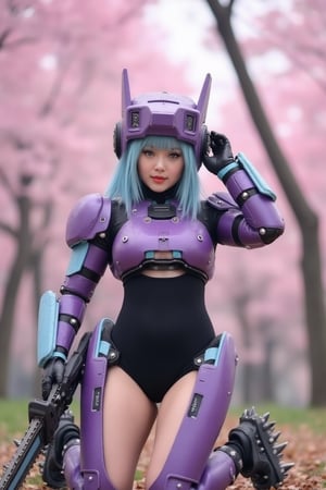 A small, short mecha girl with light blue hair and a square helmet stands provocatively on her knees in a sakura forest. She wields chainsaws in both hands, her purple and light blue armor adorned with spikes. Her black leotard covers her entire body, revealing robot joints and articulations. She poses sexily, one hand touching her head, with a lewd smile, showing a flat stomach and skinny body. The scene is realistic, with mechanical details and metal skin, set against a backdrop of blooming cherry blossoms.