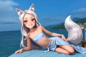 The girl is lying sexy on back in a pink bed, wearing a white tight long dress, red eyes, black eyeliner around the eyes, white long hair, perfect fingers, flat chested, flat stomach, skinny body, posing sexy, small stature, short stature, lewd face, white skin, fox ears, smile with slightly blushing, stormy sky in the background with thunders, High resolution, high quality, masterpiece, shiro, long hair, red eyes, animal ears, tail, animal ear fluff, fox ears, fox tail, facial mark, thick eyebrows, fox girl, entire body image, little body, big head, vnbg, classic_bg, modern_bg, photo_bg, anime_bg, 3d_bg, old_3d, sea, zero pictured, full body image, the girl is face up, nape up, heels down, stomach up,