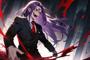 image of entire body of one evil boy, long and straight hair, the boy has a woman face, purple hair with black tips, wearing a black business suit with red tie, black pants, his hair covers his entire forehead, evil smile, red eyes, black lips, spikes teeth with open mouth, holding in the right hand a bloodstained kitchen knife, a luminous quartz devastated night city in the background, all her body are bloodstained,