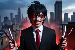 image of entire body of one evil boy, wearing a black business suit with red tie, black pants, straight bangs in all his forehead, evil smile, red eyes, black lips, spikes teeth with open mouth, holding in the right hand a bloodstained kitchen knife, a luminous quartz devastated night city in the background, all her body are bloodstained,