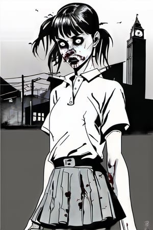 full-length realistic and gothic style image, zombie girl with wounds all over her body, the girl wears a white school shirt, the girl wears a short black school skirt, the girl has black hair, the girl has two ponytails behind from the head, an extra hand comes out of her left elbow, an extra hand comes out of her right elbow, an extra hand comes out of the girl's head, an arm comes out of the girl's back, her left eye is gray, wound gangrenous in the stomach, the girl poses hunched over, the girl has straight bangs on her forehead, her whole body has blood splashes, the background is made of corpses, the sky in the background is foggy and black, macabre ambient,