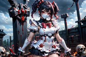 evil sexy lady, wearing a white tight leotard with black miniskirt, sexy and provocative posing, red eyes, in the right hand hold a big metal hammer, red bow on the chest, elegant red lines all over the dress, pink ruffled sleeves, black hair, only one large ponytail behind the head, the girl wear a white smiling bloodstained mask with red cheeks in his face, straight bangs on the forehead hair, background of pure corpses, and black sky, all her body are bloodstained,
