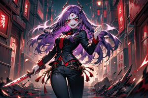 image of entire body of one evil girl, long and straight hair, purple hair with black tips, thin and beautitful face, wearing a black business suit with red tie, black pants, fringe on the forehead that covers all her eyebrows, evil smile, red eyes, black lips, spikes teeth with open mouth, holding in the right hand a bloodstained kitchen knife, a luminous quartz devastated night city in the background, all her body are bloodstained,