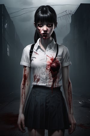 full-length realistic and gothic style image, zombie girl with wounds all over her body, the girl wears a white school shirt, the girl wears a short black school skirt, the girl has black hair, the girl has two ponytails behind from the head, an extra hand comes out of her left elbow, an extra hand comes out of her right elbow, an extra hand comes out of the girl's head, an arm comes out of the girl's back, her left eye is gray, wound gangrenous in the stomach, the girl poses hunched over, the girl has straight bangs on her forehead, her whole body has blood splashes, the background is made of corpses, the sky in the background is foggy and black, macabre ambient,