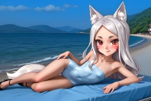 The girl is lying sexy on back in a pink bed, wearing a white tight long dress, red eyes, black eyeliner around the eyes, white long hair, perfect fingers, flat chested, flat stomach, skinny body, posing sexy, small stature, short stature, lewd face, white skin, fox ears, smile with slightly blushing, stormy sky in the background with thunders, High resolution, high quality, masterpiece, shiro, long hair, red eyes, animal ears, tail, animal ear fluff, fox ears, fox tail, facial mark, thick eyebrows, fox girl, entire body image, little body, big head, vnbg, classic_bg, modern_bg, photo_bg, anime_bg, 3d_bg, old_3d, sea, zero pictured, full body image, the girl is face up, nape up, heels down,