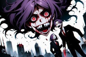 image of entire body of one evil boy, long and straight hair, the boy has a woman face, purple hair with black tips, wearing a black business suit with red tie, black pants, straight bangs in all his forehead, evil smile, red eyes, black lips, spikes teeth with open mouth, holding in the right hand a bloodstained kitchen knife, a luminous quartz devastated night city in the background, all her body are bloodstained,