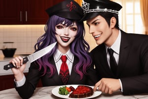 image of entire body of one evil boy, long and straight hair, the boy has a woman face, purple hair with black tips, wearing a black business suit with red tie, black pants, black plate cap in head, straight bangs in all his forehead, evil smile, red eyes, black lips, spikes teeth with open mouth, holding in the right hand a bloodstained kitchen knife, a luminous quartz devastated night city in the background, all her body are bloodstained,