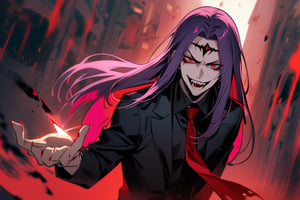 image of entire body of one evil boy, long and straight hair, the boy has a woman face, purple hair with black tips, wearing a black business suit with red tie, black pants, his hair covers his entire forehead up to his eyebrows, evil smile, red eyes, black lips, spikes teeth with open mouth, holding in the right hand a bloodstained kitchen knife, a luminous quartz devastated night city in the background, all her body are bloodstained,