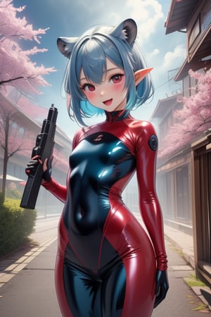 1girl, entire body image, The girl is posing sexy in a sakura night park, wearing a red sequin latex tight swimsuit with red marks, red eyes, black eyeliner around the eyes, black lips,heavy brown messy short hair covering her left eye, flat chested, flat stomach, skinny body, small stature, short stature, lewd smile face with slightly blushing, open mouth, blue & green skin, stormy sky in the background with thunders, multicolored flowers flying for all places, blunt bangs in her forehead, Blue denim pants with red details, holding a TMP giant gun in her left hand, lion foots, wearing blue latex gloves in her hands, pointy ears, loli, high quality, HD, little girl, young, infant body type, baby face,