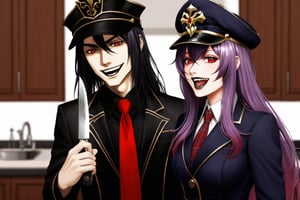 image of entire body of one evil boy, long and straight hair, the boy has a woman face, purple hair with black tips, wearing a black business suit with red tie, black pants, black plate cap in head, straight bangs in all his forehead, evil smile, red eyes, black lips, spikes teeth with open mouth, holding in the right hand a bloodstained kitchen knife, a luminous quartz devastated night city in the background, all her body are bloodstained,